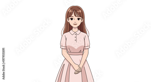 Elegant young woman with long brown hair wearing a simple pink dress standing against a clean white background.