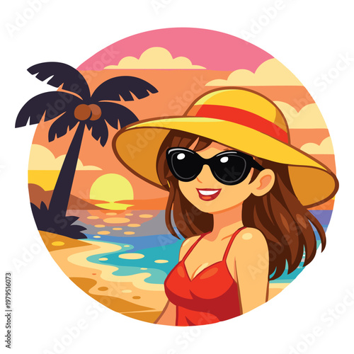 Cute Little Girl Playing on Beach Cartoon Illustration