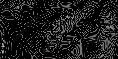 An abstract black background features flowing white curvilinear lines resembling topographic map contours or geological strata high-quality professional detailed