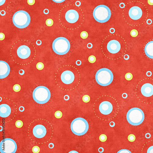 Red background with geometric circle pattern, rings and dotted accents in modern retro style, ideal for bold wallpapers, branding, textiles, and abstract graphic design.
