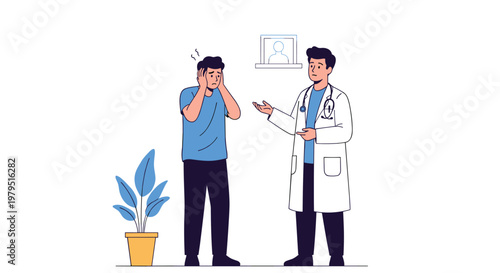 Male doctor in a white coat consulting a male patient who is holding his head in pain due to a headache or stress.