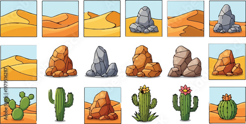 Desert landscape game assets set, cartoon sand dunes and rock formations vector, 18 western environment icons with cacti and boulders for level design