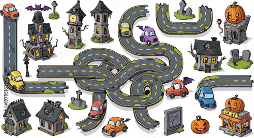 Spooky Halloween town map creator kit with haunted houses and winding roads, cartoon graveyard construction set with pumpkins and monster cars, vector icons