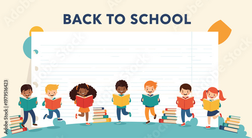 Diverse group of school children reading books in front of a giant notebook page for back to school themed poster.