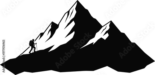 Mountain climbing silhouette, hiker trekking on rocky peak with backpack, adventure and exploration concept, outdoor travel and achievement, black vector illustration isolated on white background