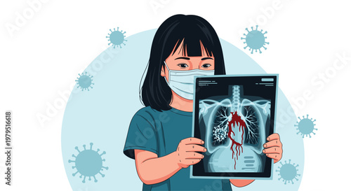 Young girl wearing a medical mask holding a chest x-ray showing lungs with a virus particle and an anatomical heart symbol.