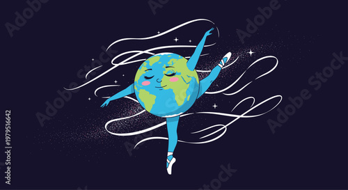 Creative illustration of planet earth as a ballerina dancing gracefully in space with distant stars and celestial light streaks.