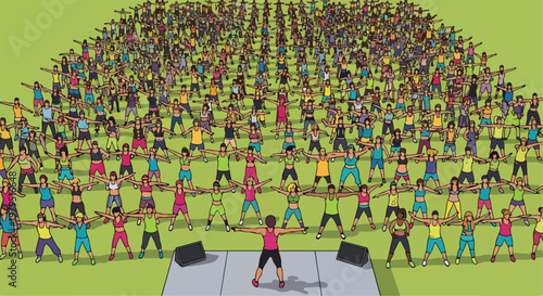 Outdoor fitness class with large crowd of people, group aerobic exercise session on green grass, diverse community workout event vector