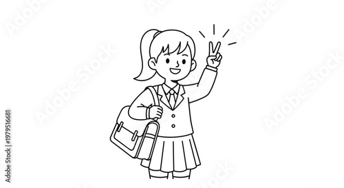 Schoolgirl in uniform carrying a backpack and making a peace sign gesture in a black and white line art illustration for kids.