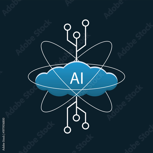 AI Cloud Technology Icon With Network Circuits, Data Orbit And Digital Machine Learning Concept