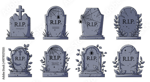 Collection of eight different tombstone designs with rip text featuring spiders, webs, bats, and foliage for halloween decoration.