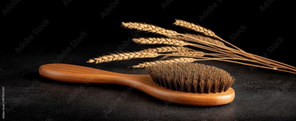 Naklejka premium Wooden Hairbrush rests like a golden grain against a rich dark canvas showcasing nature's touch.
