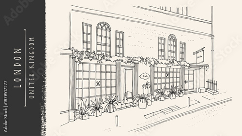 London, England, United Kingdom. Sketch drawing city street. British pub postcard. Hand drawn house line art, coffee restaurant facade. European style shop view. Travel sketch. Vintage London postcard