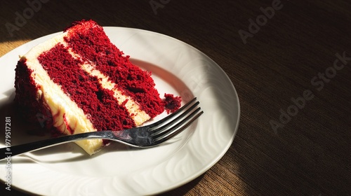 decadence. Slice of red velvet cake with rich red and cream colors in natural light. symbolizing life milestones and joyful moments.