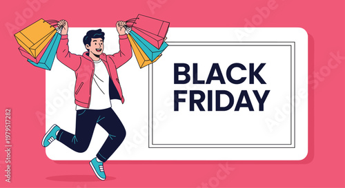 Excited young man jumping for joy with many colorful shopping bags celebrating black friday sales and holiday discounts.