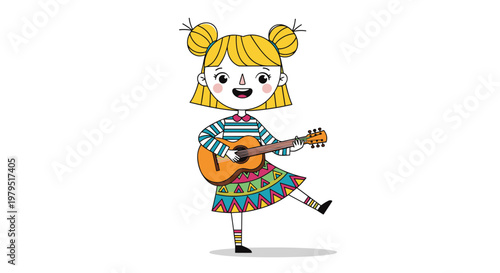Cute girl with blonde hair buns playing an acoustic guitar while wearing a colorful patterned skirt and a striped shirt.