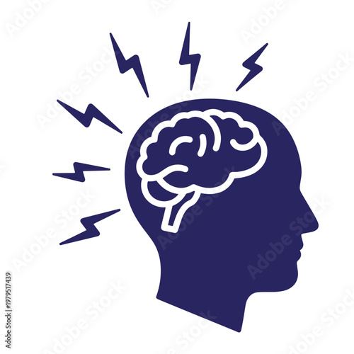 Dark blue silhouette of a human head with a white outlined brain and lightning bolts
