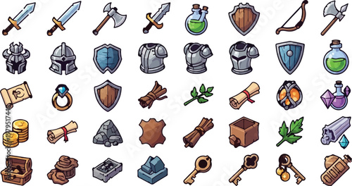 Fantasy RPG game icons set, medieval loot and equipment vector illustrations, 40 adventure item assets including swords, armor, potions, and treasure chest