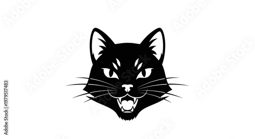 Fierce Black Cat Head Silhouette with Open Mouth and Sharp Teeth