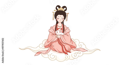 Beautiful chinese goddess in a traditional flowing dress holding a white rabbit while sitting on a magical golden cloud.