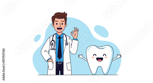 Friendly male dentist in a white coat making an okay sign next to a cute happy tooth character on a light blue background.