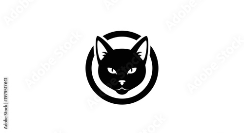 Minimalist Black Cat Head Icon Inside Circle, Simple Silhouette Vector Art