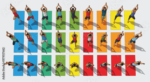 Yoga class top view vector illustration, diverse people practicing yoga on colorful mats, group fitness and wellness concept with 24 figures