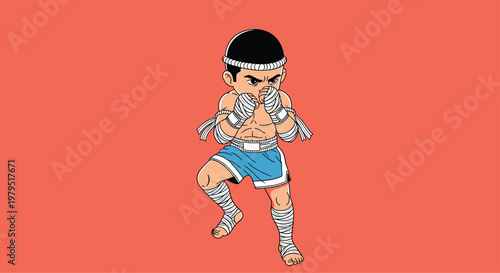 Young muay thai boxer in a traditional fighting pose wearing blue trunks and white bandages on a vibrant orange background.
