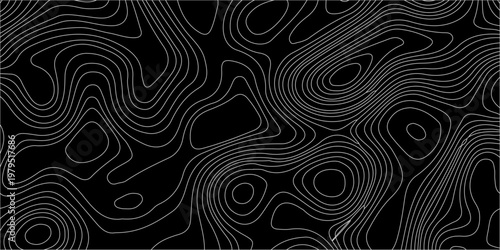 An abstract black background features swirling interconnected white lines resembling topographical map contours or fluid movement high-quality professional detailed