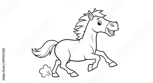 Happy little horse running and galloping with a smile in a simple black and white line art illustration for children to color.