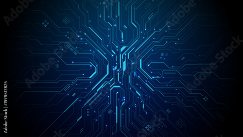 Modern circuit board pattern with glowing blue lines and AI chip elements. Digital tech background for futuristic computer design concepts and electronic network graphics. Vector illustration.