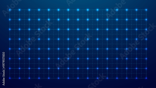Grid Tech Background In Blue Pattern With Line Square Data Interface Hud Design. Futuristic Game Screen With Glowing Dots, Digital Mesh Structure, and Abstract Technology Vector Illustration.