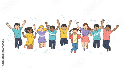 Large group of diverse and multiethnic happy children jumping and waving their hands in celebration of pure joy and childhood friendship.