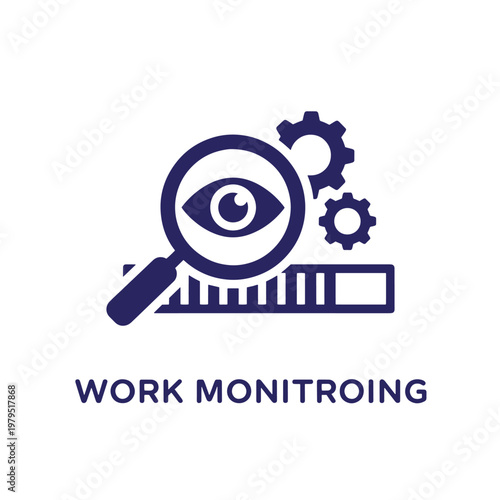 Dark blue work monitoring with magnifying glass, eye, gears, and ruler on white background