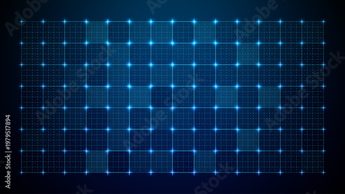 Grid Tech Background In Blue Pattern With Line Square Data Interface Hud Elements. Futuristic Digital Screen With Glowing Dots, Abstract Structure and High-Tech Network Texture Vector Illustration.