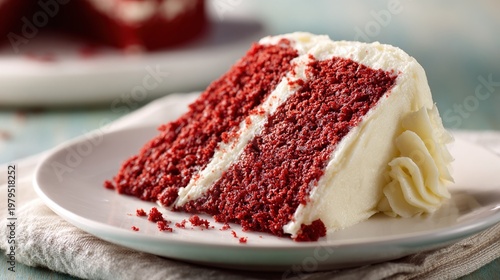 decadence. Slice of red velvet cake with rich red and cream colors in natural light. symbolizing life milestones and joyful moments.