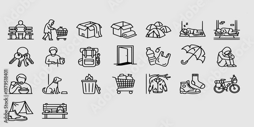icon set collection of homelessness awareness and social welfare symbols depicting temporary shelters, charity needs, and survival challenges for urban living.