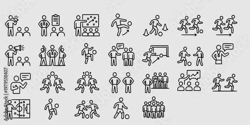 icon set collection of soccer training drills and football coaching tactics illustrating players, teamwork, goals, and strategic planning diagrams.