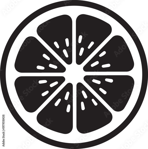 Citrus fruit slice displays a symmetrical pattern of pulp segments and a rind, serving as a fresh graphic icon for healthy nutrition.