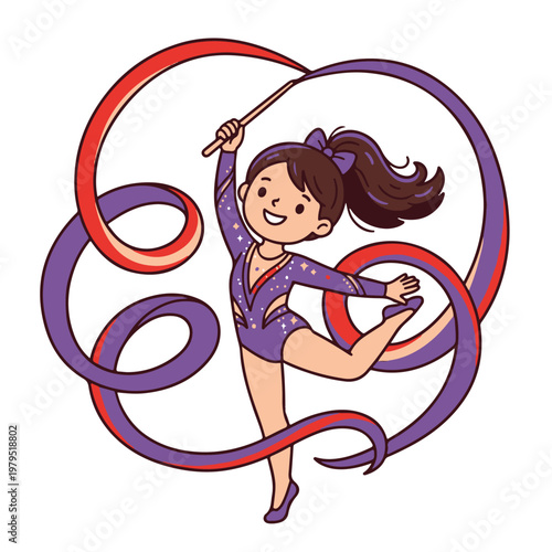 Young girl performing rhythmic gymnastics dance.