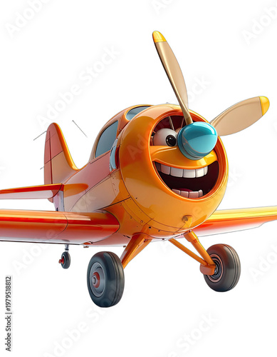 A whimsical, cartoon-style orange biplane with a cheerful expression and spinning propellers is presented against a stark black background, evoking a sense of playful adventure.