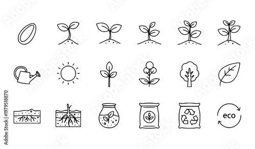 Plant growth line icon set with seed sprout leaf tree gardening and eco development symbols