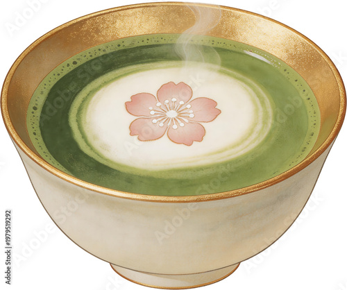 金縁の茶碗に入った湯気の立つ抹茶と桜のラテアート