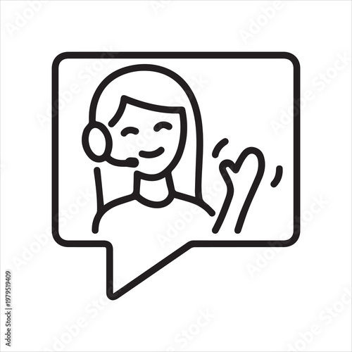 Communicating with support, linear icon. A woman with an earpiece and microphone. Contact us. Support agent will answer questions, consultation. Technical support operator. Line with editable stroke