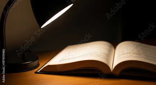Open Book Illuminated by Desk Lamp on Wooden Table.