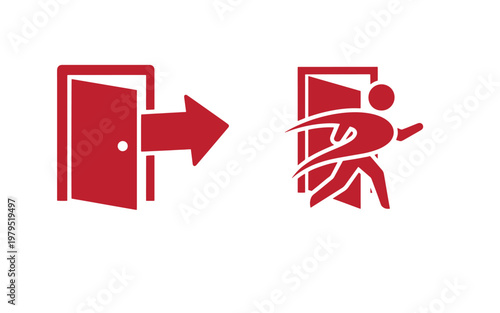Red exit signs with door and running man symbols arrow