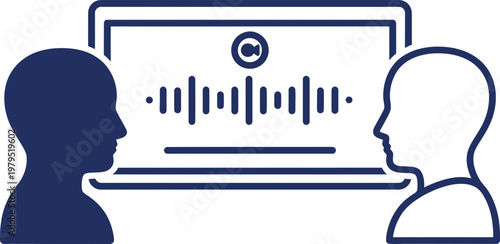 Man and man silhouette talking online conference via laptop display with sound wave on screen. Video call concept. Simple vector icon
