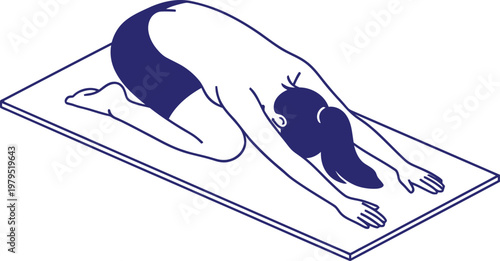 Woman doing yoga pose on mat. Peace, relaxation, meditation, mindfulness concept. Childs Pose vector illustration for wellbeing, fitness design