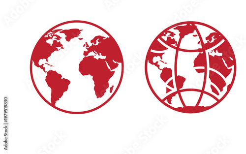 Red globe two map silhouettes on white background, earth