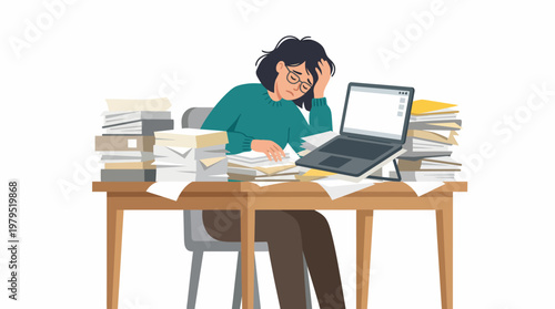 A woman studies at a desk surrounded by stacks of books and papers with a laptop.
